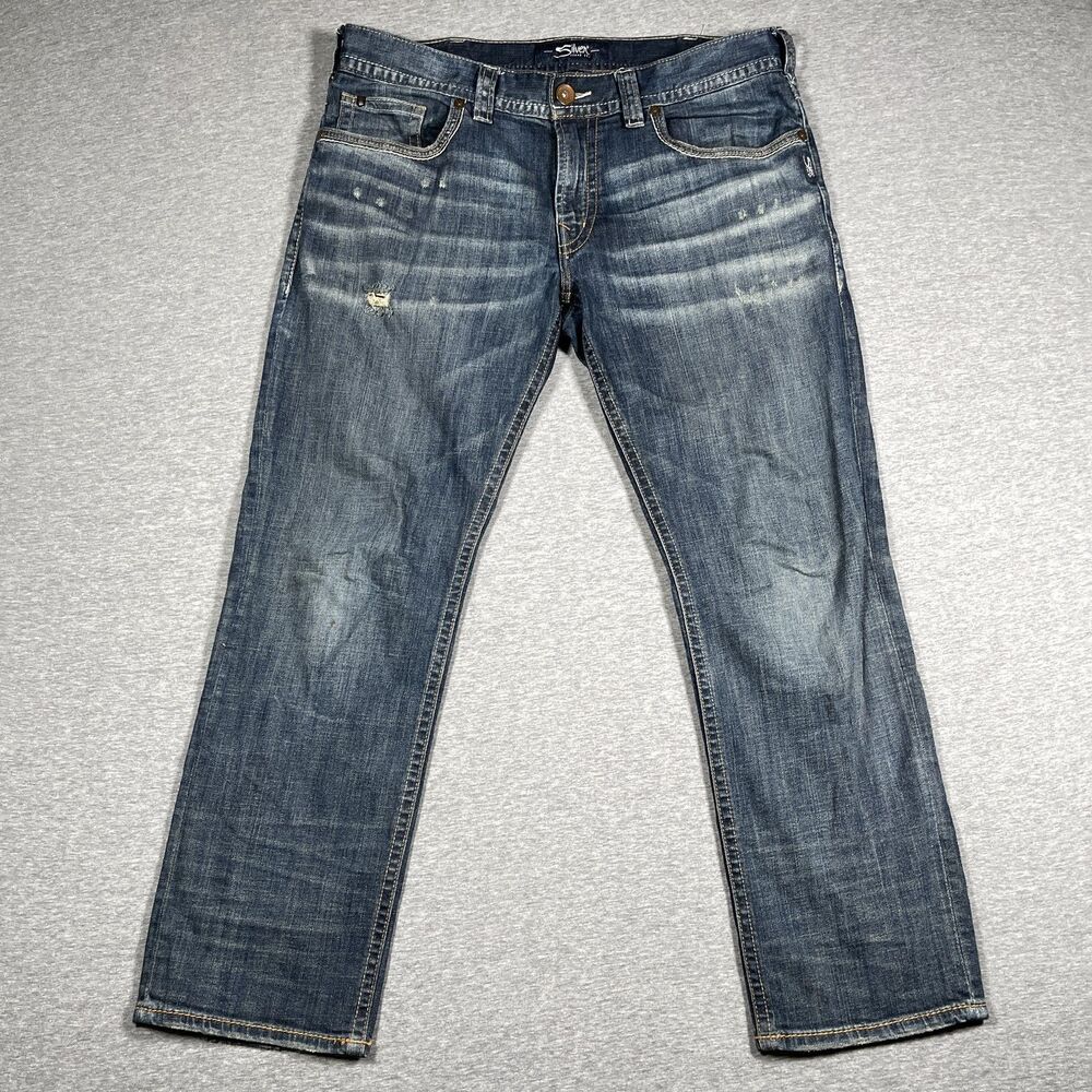 Silver Jeans Co. Allan Jeans Mens 36x30 Blue Medium Wash Straight Distressed